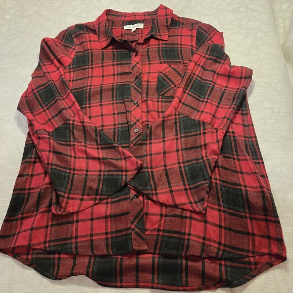 Two‎ Vince Camuto Shirt L Heather Red Gray Soft Plaid Flannel Long Bell Sl Tunic - Picture 2 of 9